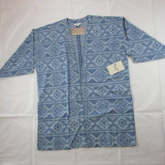 Wrangler Retro Women's Short Sleeve Aztec Print Denim Kimono Cardigan Blue - Picture 2 of 3